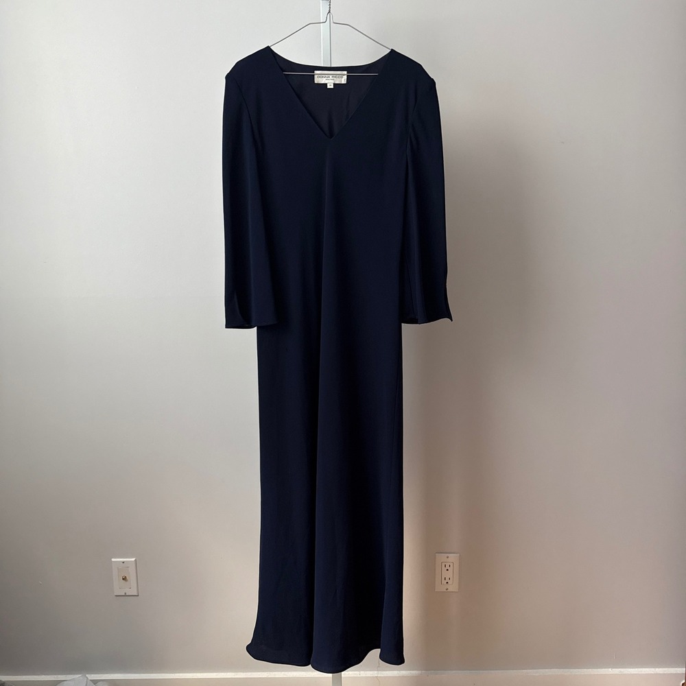 Donna Ricco 14 Navy Blue Maxi Dress Womens Excellent V-Neck Long Sleeve Gown